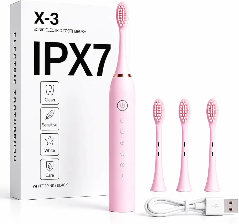 Escova de Dente Elétrica Recarregável USB Escova Dental Ultrassônica IPX7 6 Modos de Escovação Escova de Dentes Elétrica Portátil Com 3 Cabeças Substituíveis À Prova D’água (Rosa)