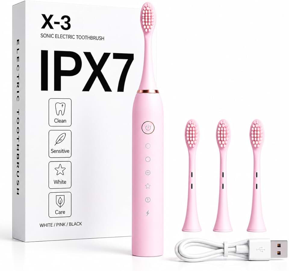 Escova de Dente Elétrica Recarregável USB Escova Dental Ultrassônica IPX7 6 Modos de Escovação Escova de Dentes Elétrica Portátil Com 3 Cabeças Substituíveis À Prova D’água (Rosa)