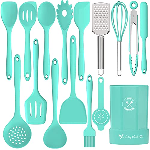 Silicone Kitchen Utensils Set, 16-Piece Silicone Cooking Utensils by Deedro, Heat Resistant Kitchen Tools Set with Holder, Nonstick Spatula Kitchen Gadgets for Cooking & Baking, Green