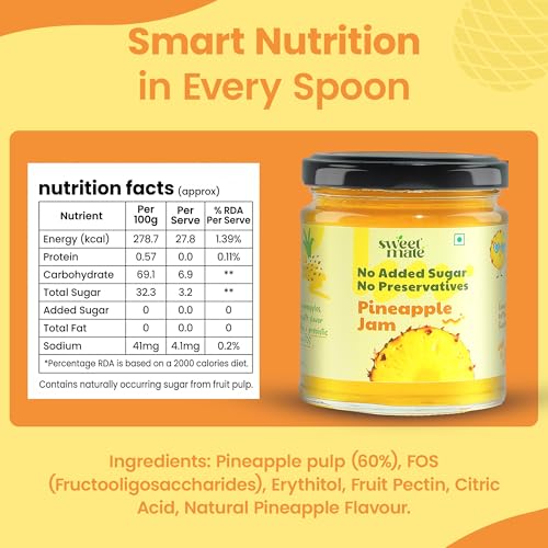 Image of Sweetmate Pineapple Jam - 220g | No Added Sugar | 100% Pure Fruit Pulp & Healthy Fiber | No Preservatives, Colors & Artificial Flavors | Diabetic & Keto Friendly Jam (Pack of 2)