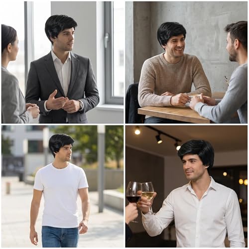 ZXTGBQ Herren Perücke Herren Schwarz Kurz Haare Layered Wave Perücken, Kurze Perücken für Männer Natürliches Schichtes Männliches Haar Syntehtic Hitzebeständige Faser, Perücke Kostümparty Halloween
