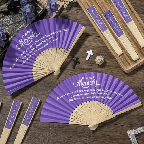 Image of Threehoney 50 Pack Funeral Favors for Guests in Loving Memory Handheld Fans Paper Folding Hand Fan Bulk Funeral Gifts for Services Condolence Sympathy Accessories (Purple)