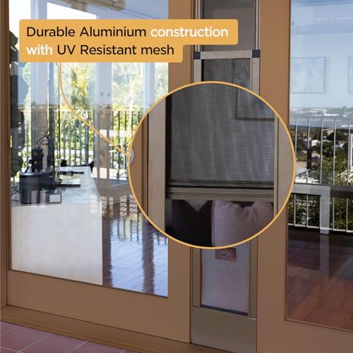 Hakuna Pets Patio Pet Door Screen Insert Panel for Sliding Doors, Fits Door Track Min Ht 61.02\" to Max Ht 84.25\", UV Resistant Mesh, Locking Magnetic Dog Door, Easy Install and Removal, Medium, Bronze