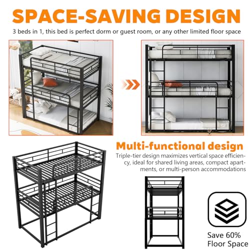 Bunk Beds, Metal Bunk Bed, Triple Bunk Bed for Kids,Teens, Adults, Girls, Boys, Detachable BunkBed Can Be Divided into 3 Twin Beds,No Box Spring Need (Black)
