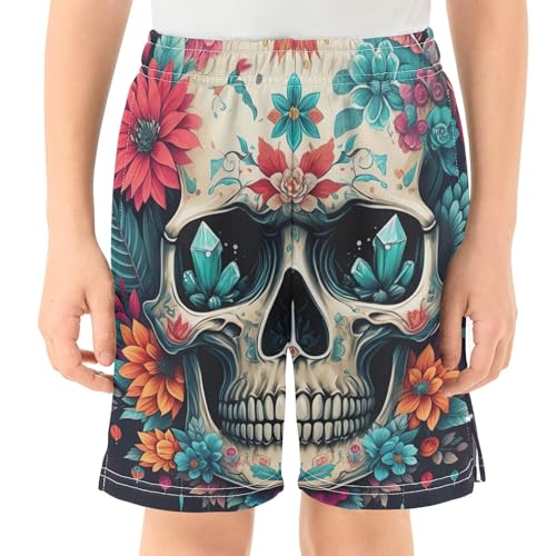 Skull Flowers Youth Boys Outdoor Shorts Elastic Waist Classic Knee-Length Boys Lounge Shorts XS2