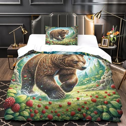 Housse de couette 135x200cm ours brun imprimé 3D microfibre douce