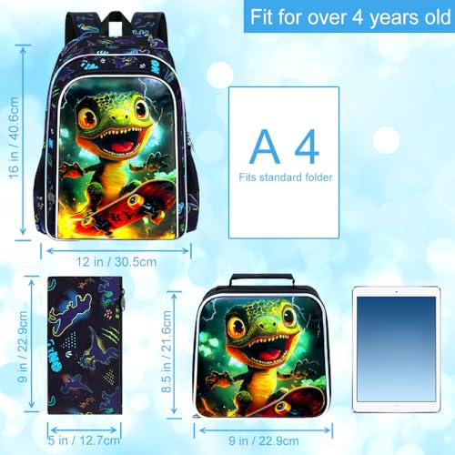 Image of 3Pcs Dinosaur Backpack for Boy, 16 inch Bookbag with Lunch Box, Kids School Backpacks for Elementary Preschool Kindergarten (Black)