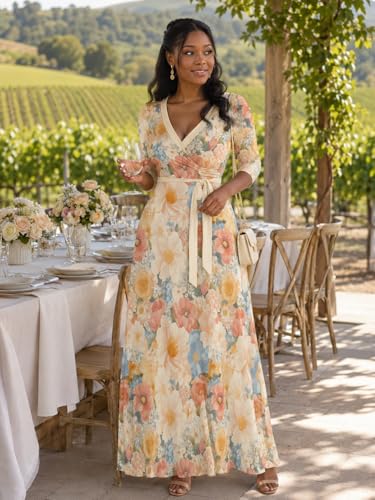 Image of PinkPatty Plus Size Maxi Dresses for Women Casual Flowy Long Dress 3 /4 Sleeve V Neck Wrap Dress with Belt