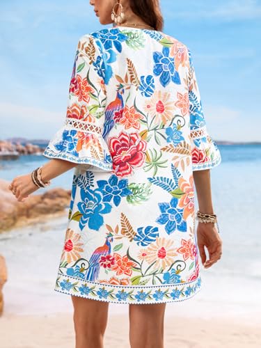 Image of CUPSHE Women V Neck Lace Trim Mini Summer Dress Cover Up 3 /4 Sleeve Ruffled Cuff Casual Sundress Beach Dresses Cover Ups