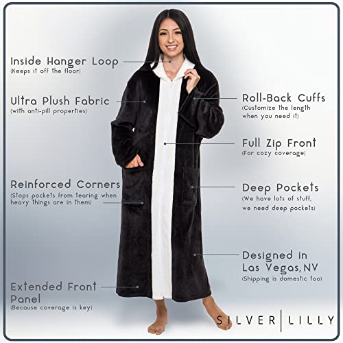 Silver Lilly Womens Sherpa Trim Fleece Robe Zip Up - Luxury Long House Coat (Black, Large-X-Large) #TOP2