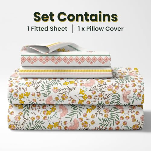 Image of LORETO - A QUALITY LINEN BRAND 144 TC 100% Pure Cotton Single Fitted Bedsheet with 1 Pillow Cover for 72 x 36 Inch Mattress, All-Around Elastic, 8 Inch Deep Pocket, Ditsy Fresh Floral