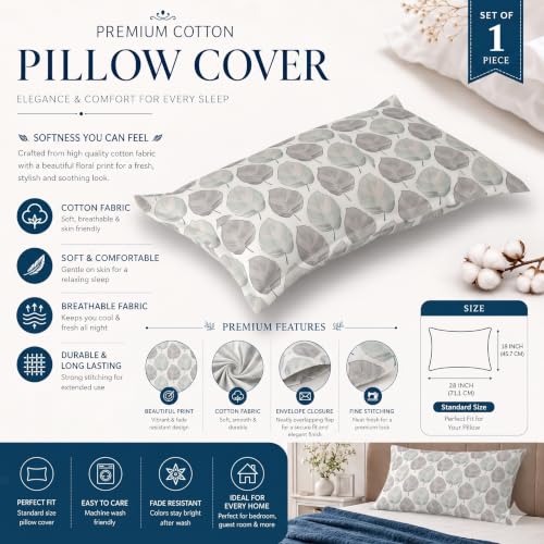 Image of IVAZA 220 TC Soft Ezyption Cotton Floral Single Bed Sheet - Single bedsheet with 1 Pillow Cover Hypoallergenic, Brethable, (Size- 90 x 60 Inch Grey Leaf
