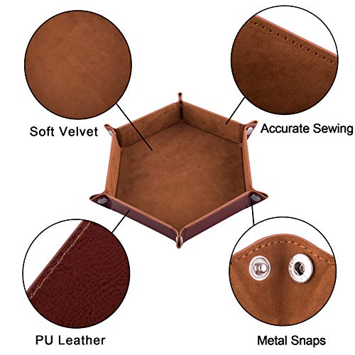 Image of SIQUK 2-Piece Foldable PU Leather Dice Tray, Hexagonal, Brown, Modern, Glossy Finish, Dice Tray for RPG, DND and Other Table Games