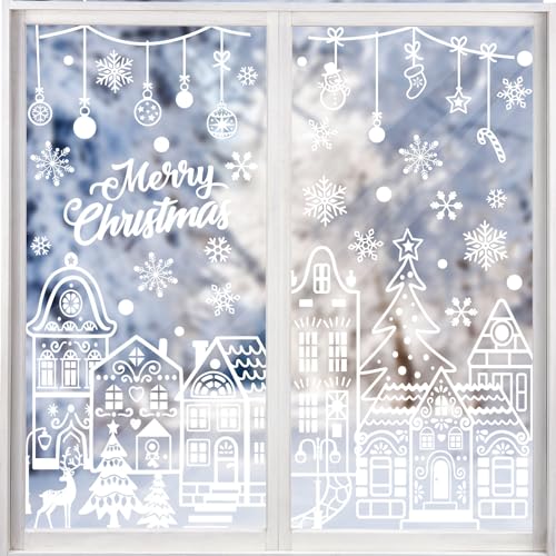 SULOLI Large Christmas Window Clings, Xmas Window Stickers White House Snowflakes Reindeer Decals for Winter Glass Christmas Window Decoration