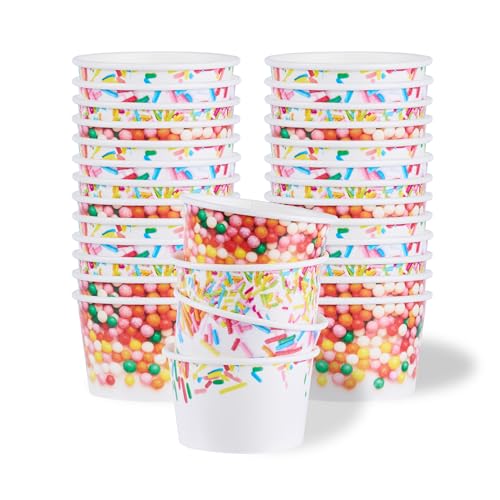 Image of Restaurantware Paper Cups 200 Count 8 Ounce Square Disposable Ice Cream Containers, Leak-Resistant Paper Dessert To Go Cups, Hot And Cold Food, Durable Assorted Sprinkle Design