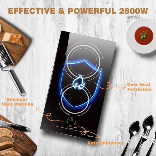 Disaenvir Electric Cooktop in Ceramic Dual Ring, 2 Burner Plug in Portable Electric Hob 2800W, 30cm Built-in & Countertop Stove Top with Extended Zone, Slide Control & Touch Control, Safety Lock - Image 6