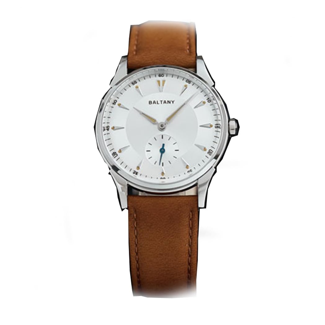BALTANY Orologio automatico classico con cinturino in pelle marrone, cassa oro, quadrante bianco, quadrante secondario piccoli secondi