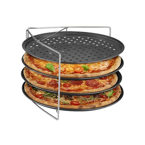 Relaxdays Pizzablech, 4er Set, mit Gestell, antihaftbeschichtet, Carbonstahl, Knusperblech mit Löchern, anthrazit/Silber