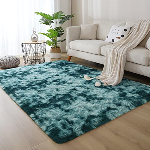 Dweike Soft Fluffy Shag Area Rugs For Living Room, Shaggy Floor Carpet For Bedroom, Girls Carpets Kids Home Decor Rugs,Cute Luxury Non-Slip Machine Washable Carpet,3X5 Feet Peacock Blue #TOP4