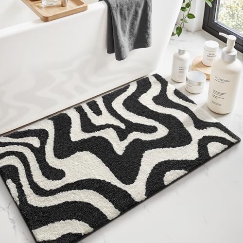 LUMI Non Slip Bathroom Rug Modern Aesthetic, Ultra Soft Absorbent Washable Bath Mats, Quick Dry Premium Floor Rugs for Shower, Tub, Black and White, 16x24