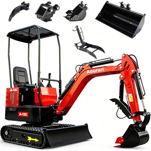 ‎Aoururl 1.4 Ton Mini Excavator With 5 Attachments, Epa Certified Compact Excavator With 13.5Hp Gasoline Engine, Hydraulic Control, Mini Backhoe For Garden, Farm, Trenching, Landscaping