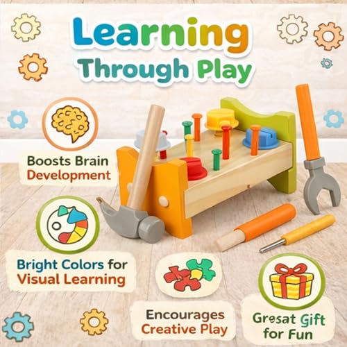 Image of Wooden Tool Kit for Kids | Pretend Play Construction Toy Set | STEM Educational Mechanic Toy for Boys & Girls Ages 3-8 | Montessori Toy (Nut Table)