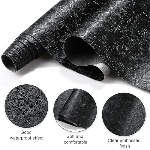 Locmeo 73\'\' x 55\'\' Tooled Faux Leather Sheets Vintage Floral Embossed Faux Leather Fabric Individual 2 Yard Cut Upholstery Flower Textured Synthetic Leather Material for DIY Crafts Making Sewing