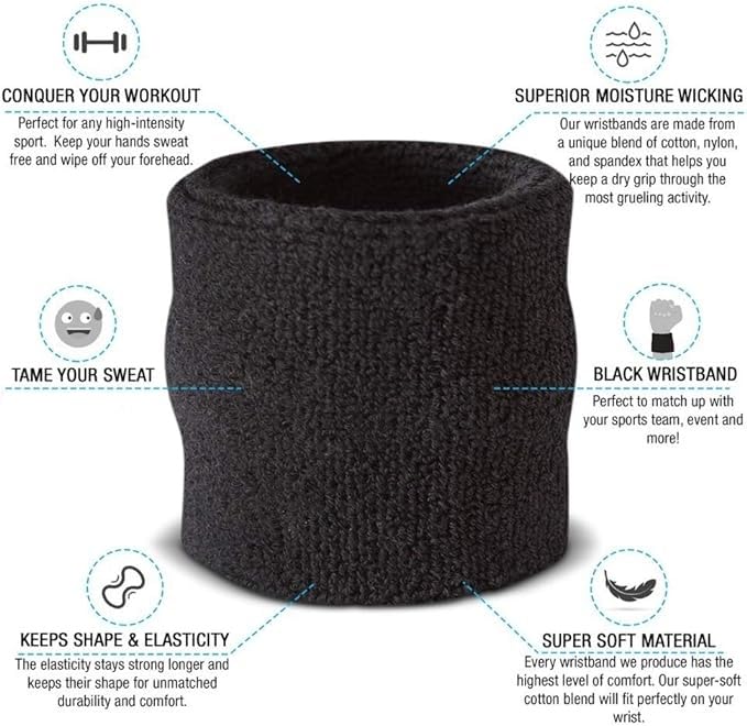 XFyt Sports Cricket Wrist Sweat Band | High Absorbtion Terry Cotton Thick Hand sweatbands for Gym, Workouts, Exercises Running and Cricket(1 Piece, Black) 3