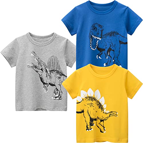 3er Pack Kinder T-Shirt Jungen T-Shirt Cartoon Kurzarm Shirt Rundem Ausschnitt Oberteile Dinosaurier Kinder Kurzarm Tee Shirt Sommer Tops Baumwolle Shirt Dinosaurier 122 Cover
