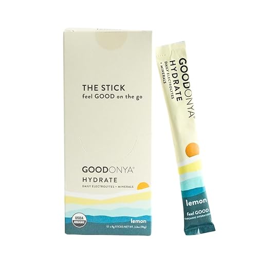 GOODONYA Hydrate - Polvo de electrolitos orgánicos, paquetes de barras de viaje, 12 unidades, minerales, jugo de limón real, sal rosa del Himalaya,