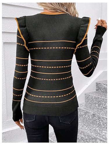 Floerns Women's Striped Print Ruffle Trim Crewneck Long Sleeve Pullover Sweater2