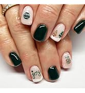 Christmas Press on Nails Short Square Green Christmas Tree Fake Nails White Snowflake French Pres...