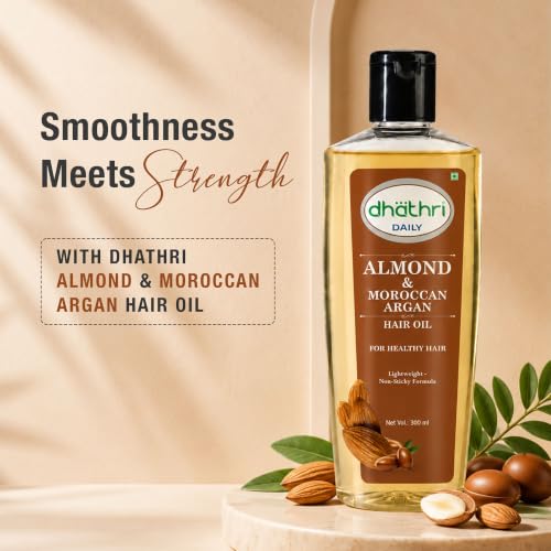 Image of Dhathri Almond & Moroccan Argan Hair Oil with Vitamin E | Helps Reduce Hair Breakage & Strengthen Hair | Non-Greasy, Paraben-Free Formula for Hair Nourishment & Shine | for All Hair Types, 300ml
