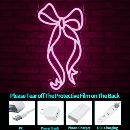 Image of Bow Neon Sign - JGHTURIE Neon Signs for Wall Decor, Pink Bow Ribbon Light up Signs for Room, Bar, Party, Home Decor, Led Sign - USB Powered