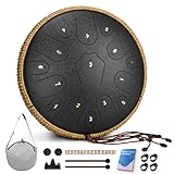 Steel Tongue Drum-14 Inch 15 Notes Tongue Drums, Steel Drum Instrument for Adults, Handpan Drums with Music Book, Handpan Drum Mallet, and Carry Bag, C Major (Black)