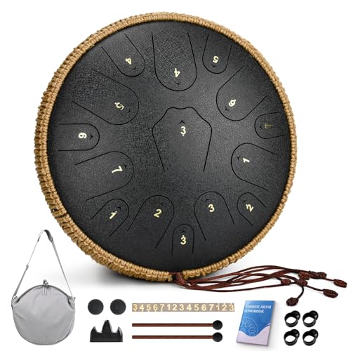 Steel Tongue Drum-14 Inch 15 Notes Tongue Drums, Steel Drum Instrument for Adults, Handpan Drums with Music Book, Handpan Drum Mallet, and Carry Bag, C Major (Black)