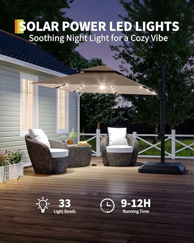 10' x 10' Heavy Duty Cantilever Patio Umbrella with Solar LED Lights & Weighted Base, 2-Tier Square Aluminum Offset Outdoor Umbrella with 360-Degree Rotation for Backyard, Deck, Pool, Tan