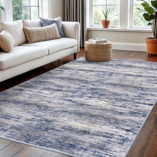 KOZYFLY 4x6 Area Rug Modern Ombre Washable Rugs for Bedroom Non-Slip Soft Striped Living Room Rugs, Print Distressed Grey-Blue Abstract Carpet for Laundry Nursery