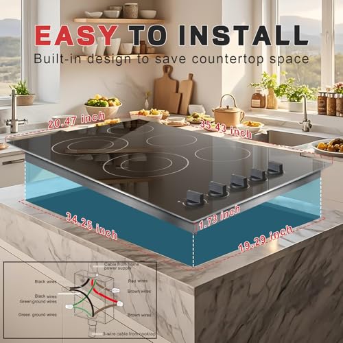 Image of Noxton 36 Inch 5 Burners Electric Cooktop, Built-in 36 inch Radiant Electric Ceramic Stove Top with Glass Protection Metal Frame,Knob Control, Hot Surface Indicator, 220-240v, No Plug, Hard Wire