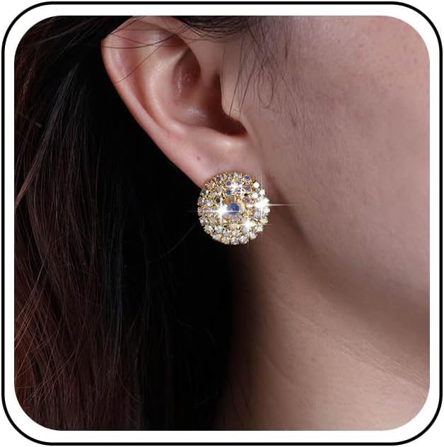 Round Rhinestone Earrings Gold Full Crystal Stud Earrings Cluster Cubic Zirconia Wedding Earrings Sparkly Colorful Rhinestone Earrings CZ Circle Glitter Earrings Earrings Jewelry for Women