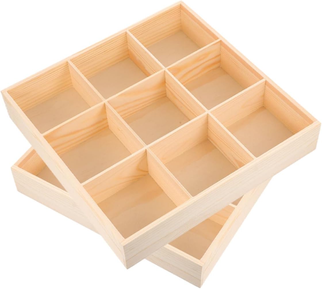 Angoily Multi-compartment Drawer Organizer Box for Underwear and Socks, Natural Wood 9-grid Storage Container, Closet and Dresser Wardrobe Organizer, 2pcs Set