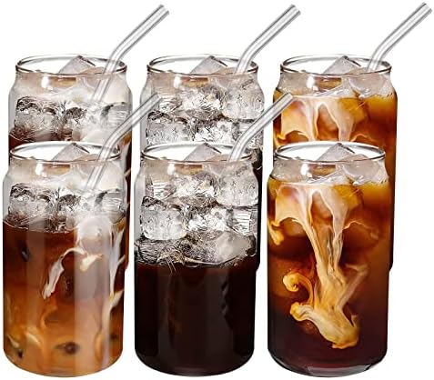 Infankey Glass Cups with Glass Straw 6pcs Set - Beer Can Shaped Drinking Glasses, 16 oz Iced Coffee Glasses, Cute Tumbler Cup for Smoothie, Boba Tea, Whiskey, Juice, Water - 1 Cleaning Brushes