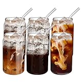 Infankey Glass Cups with Glass Straw 6pcs Set - Beer Can Shaped Drinking Glasses, 16 oz Iced Coffee