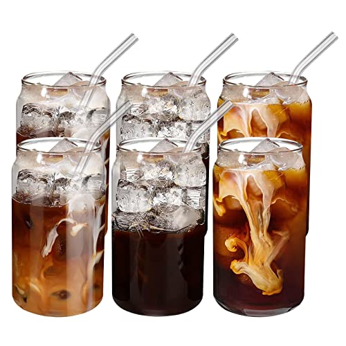 Infankey Glass Cups With Glass Straw 6Pcs Set - Beer Can Shaped Drinking Glasses, 16 Oz Iced Coffee Glasses, Cute Tumbler Cup For Smoothie, Boba Tea, Whiskey, Juice, Water - 1 Cleaning Brushes #TOP20