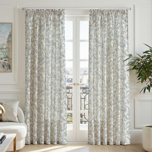 Image of TOPICK Blue Floral Linen Look Sheer Curtains for Living Room 90 Inch Drop, Light Filtering Net Curtain 2 Panels for Bedroom, Pencil Pleat Voile Curtains for Kids Room, W55 x L90 Inch