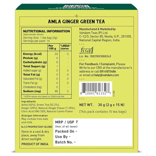 Image of VAHDAM Amla Ginger Tea - 15 Green Tea Bags | Vitamin C Fortified Digestive Health Drink | High Nutrition Pratapgarh Amla Variety | Herbal Tea for Immunity