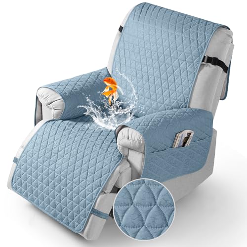 Image of TAOCOCO 100% Waterproof Recliner Chair Covers, Non Slip Recliner Covers that Stay in Place, One-Piece Washable Reclining Chair Cover with Elastic Straps, Light Blue, Fits 28 inch Seat Width