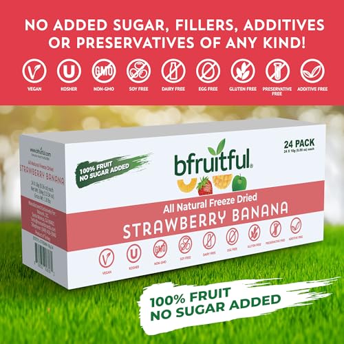 bfruitful Freeze-Dried Strawberry Banana, Freeze Dried Fruit Mix for Kids or Adults, Fresh Fruit Bites, No Sugar Added & Vegan, Kosher, Non GMO, 0.56 oz Single-Serve Snack Packets, 24 Pack
