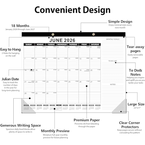 Image of GuassLee Large Desk Calendar 2026,22 inch x 17 inch Desktop Wall Calendar 18 Months Planner Runs from Jan. 2026 to Jun. 2027 with Julian Date To-do & Notes Monthly Goals for School Home Office