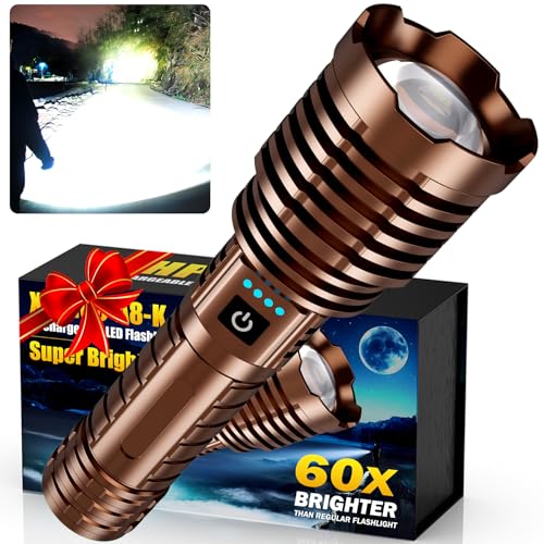 Super Bright Rechargeable LED Flashlights, 2500,000 True High Lumens,Tactical Flashlight Up to 25H Long Battery Life| Zoomable| 5Light Modes| IP67 Water Resistant,Strong Flashlight for Camping (Brown)